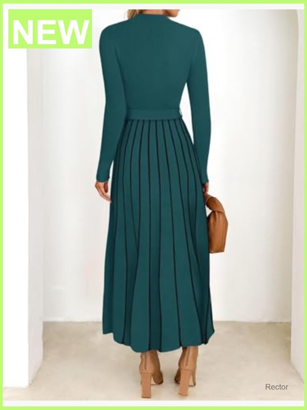 Long Sleeve Turtleneck Sweater Dress Tie Waist Ribbed Knit A-Line Midi - Picture 5 of 7